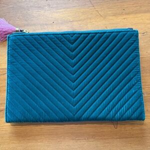 J Crew Teal Quilted Velvet Zip Pouch Clutch Bag